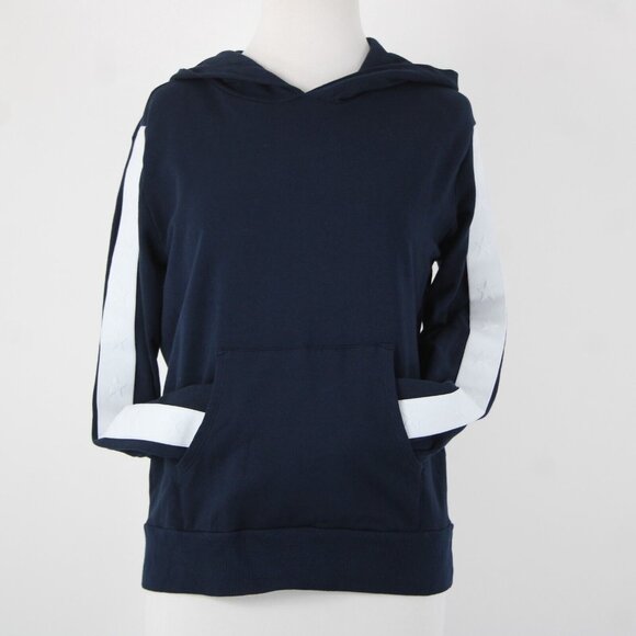 Monrow Sz S Navy White Stripe Embossed Stars Sleeve Cotton Blend Hooded Sweater - Picture 6 of 16